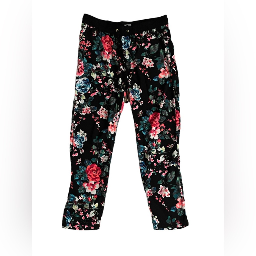 Express Black Floral Pants - Pink, Red, Blue & Green